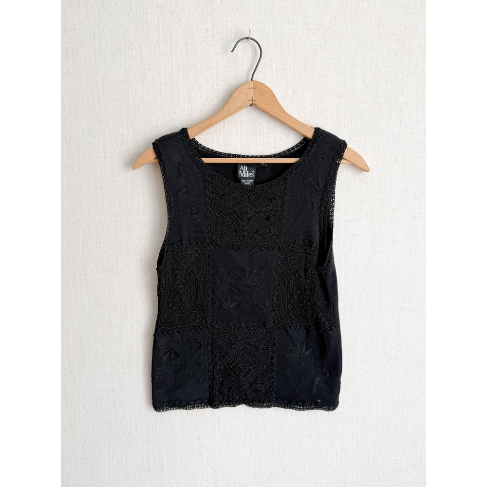 Ali Miles Tank Top Boho Patchwork Crochet Lace Embroidered S Black Sleeveless